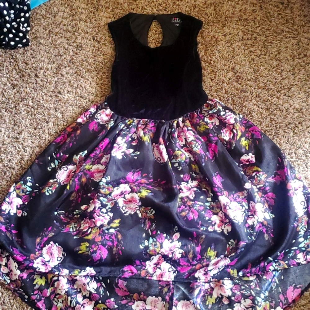 Girls high low dress black and purple floral dress size 10